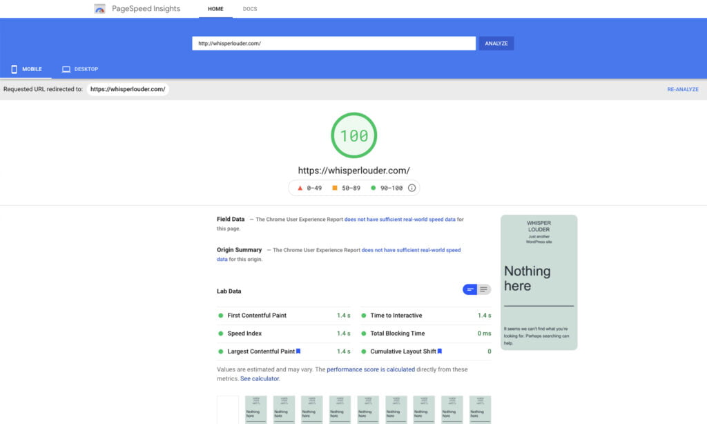 Core Web Vitals using pagespeed insights