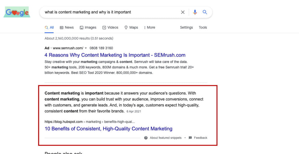 Featured snippet result in google search seo